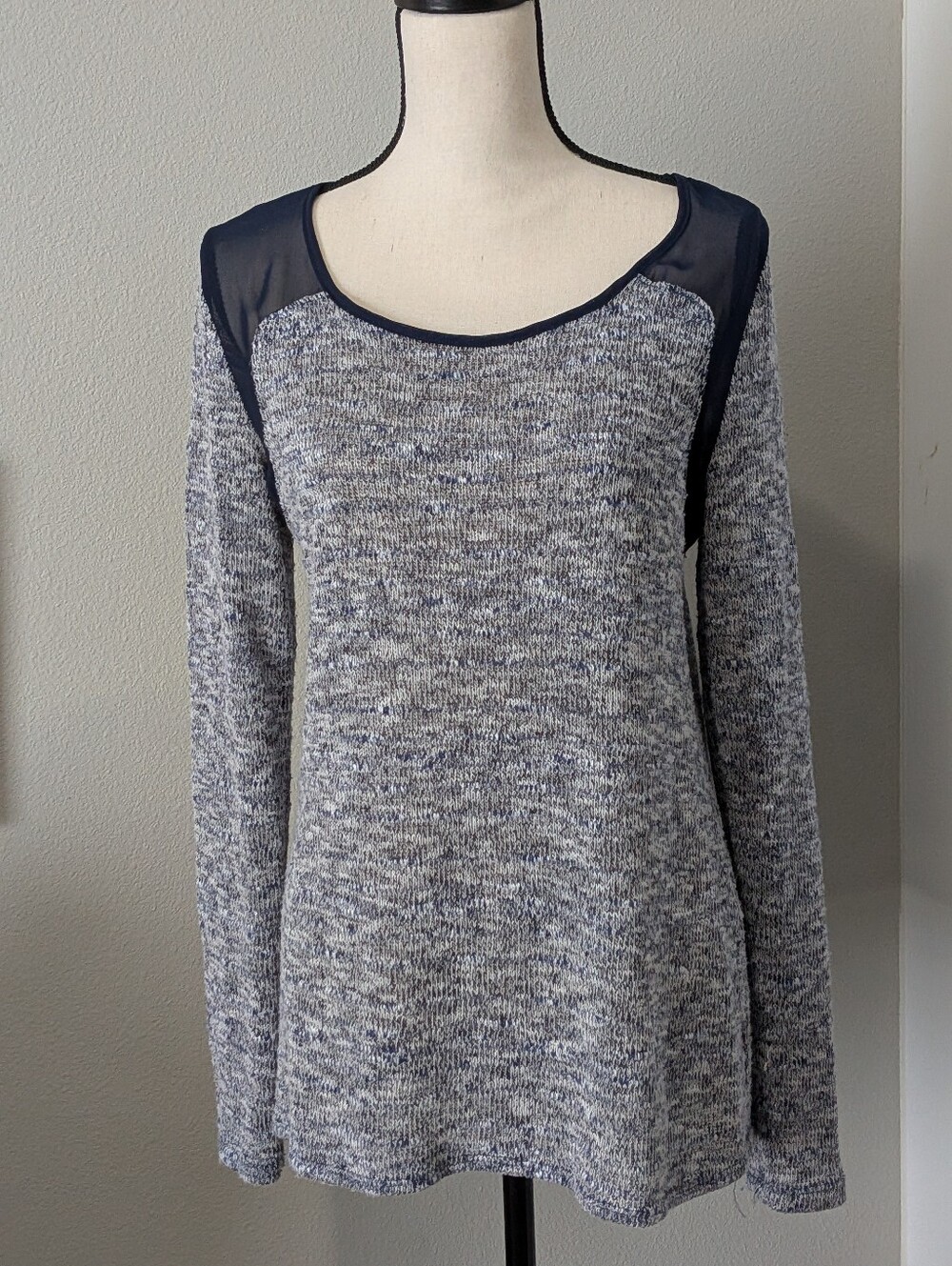 Navy Blue And White Long Sleeve Sweater With Sheer Shoulders